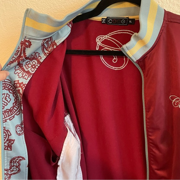 COOGI Burgundy Wine Blue Paisley Bohemian Zip Up Sweater Jacket - Picture 5 of 11